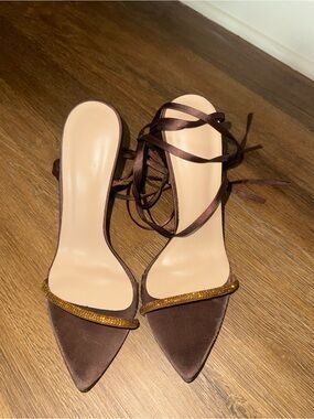 Chocolate Satin Pointed Toe Lace-Up Heels with Gold Trim